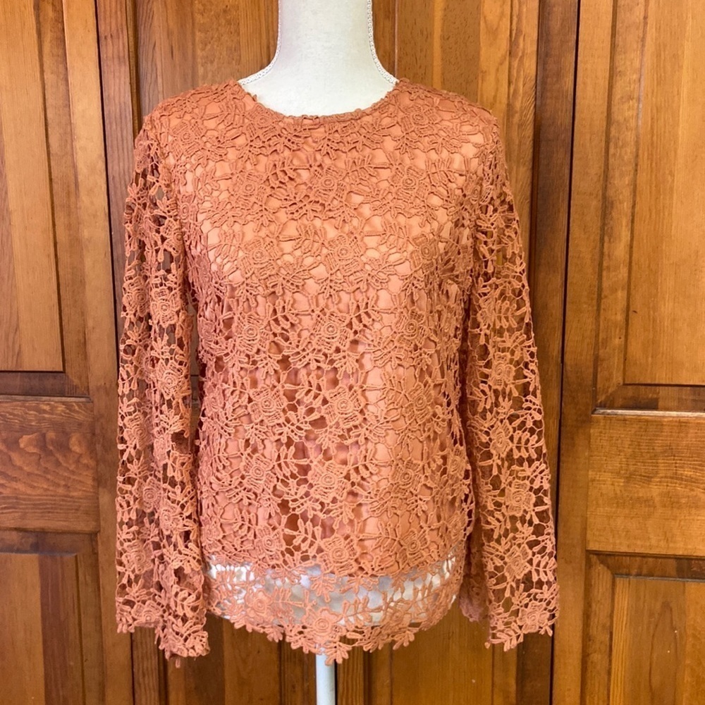 Adiva Long-sleeved Lace Rusty Orange Boho Blouse Small